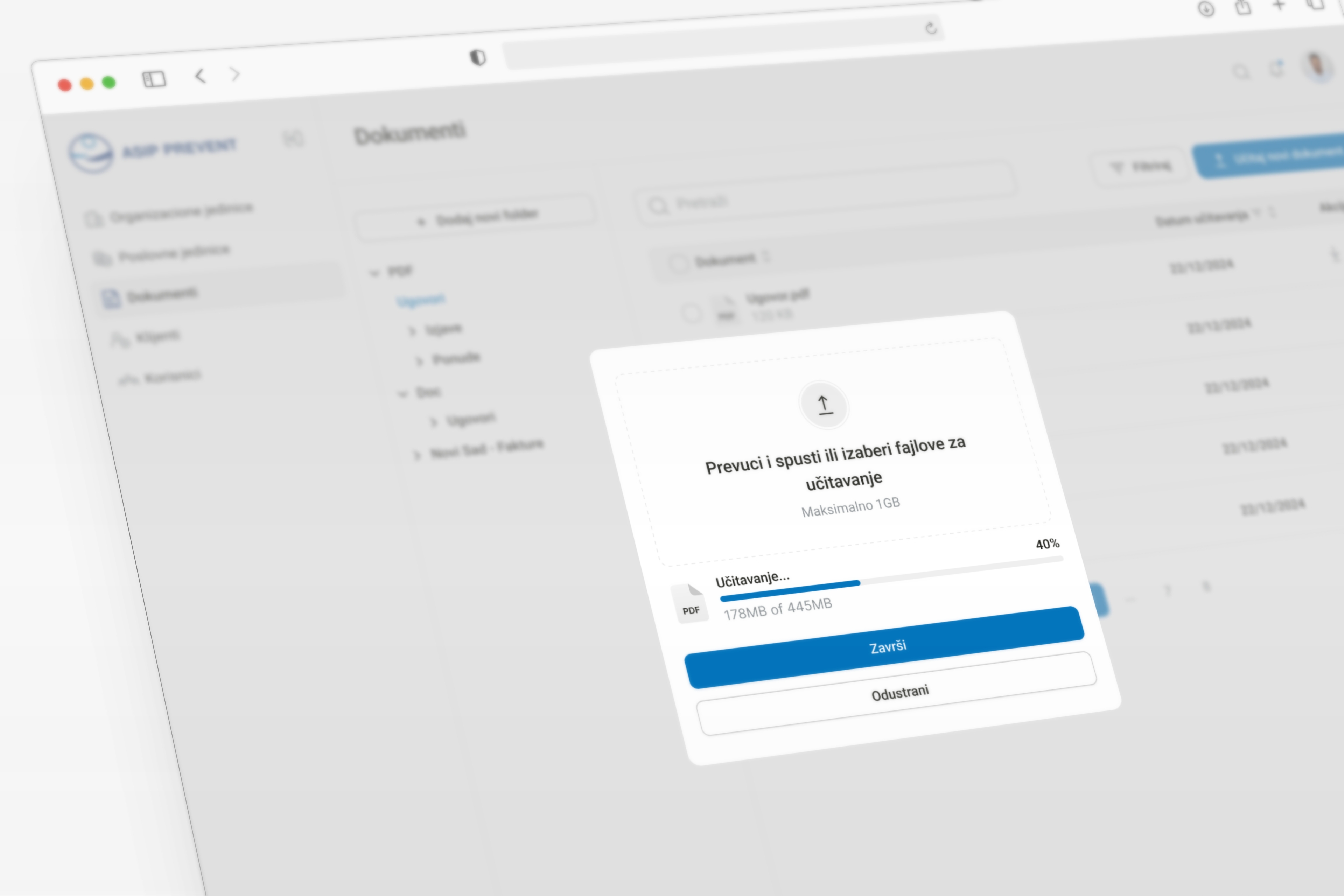 Prezentacija dizajna stranice za upload dokumenata SaaS platforme za Asip prevent