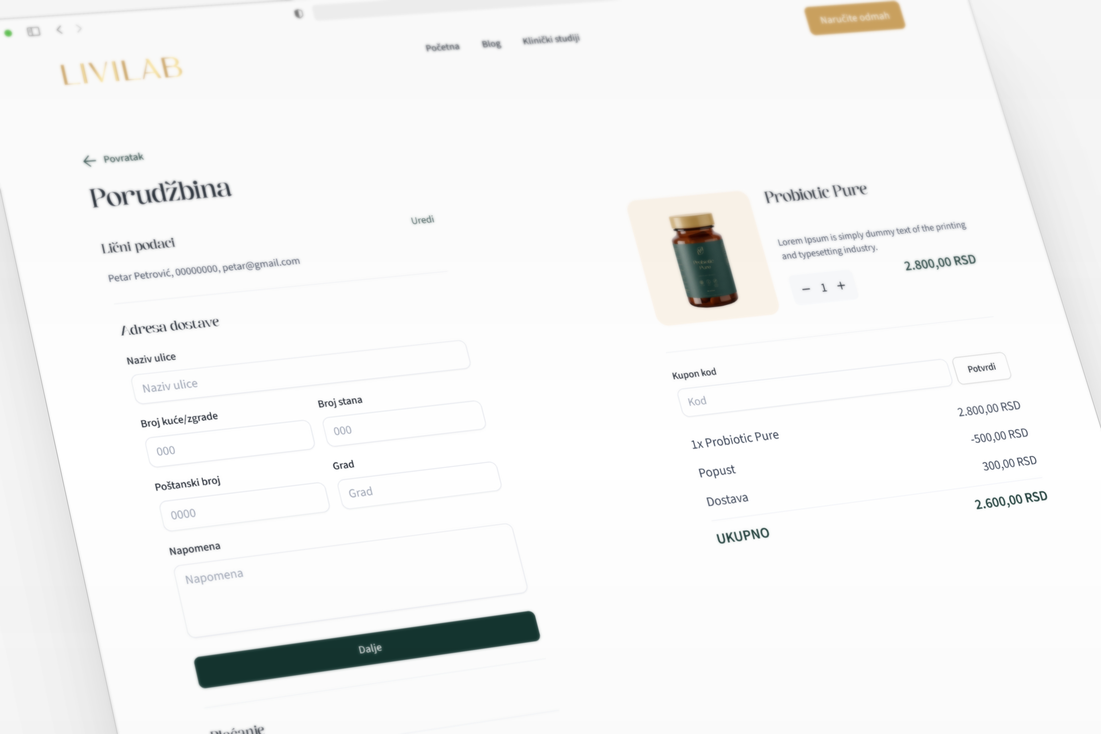 Prezentacija dizajna stranice za narudžnu webshop-a za LiviLab