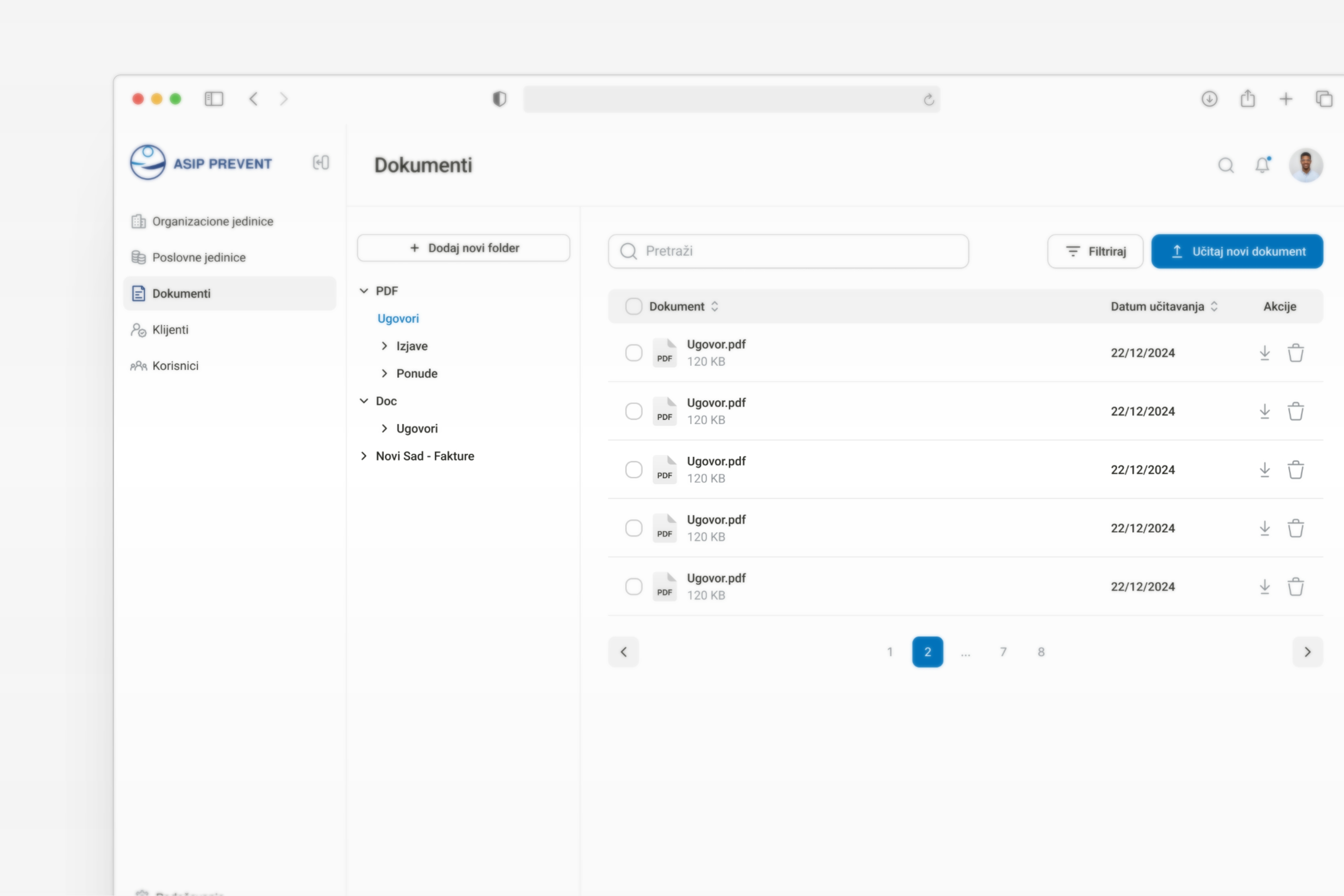 Prezentacija dizajna stranice za organizaciju dokumenata SaaS platforme za Asip prevent