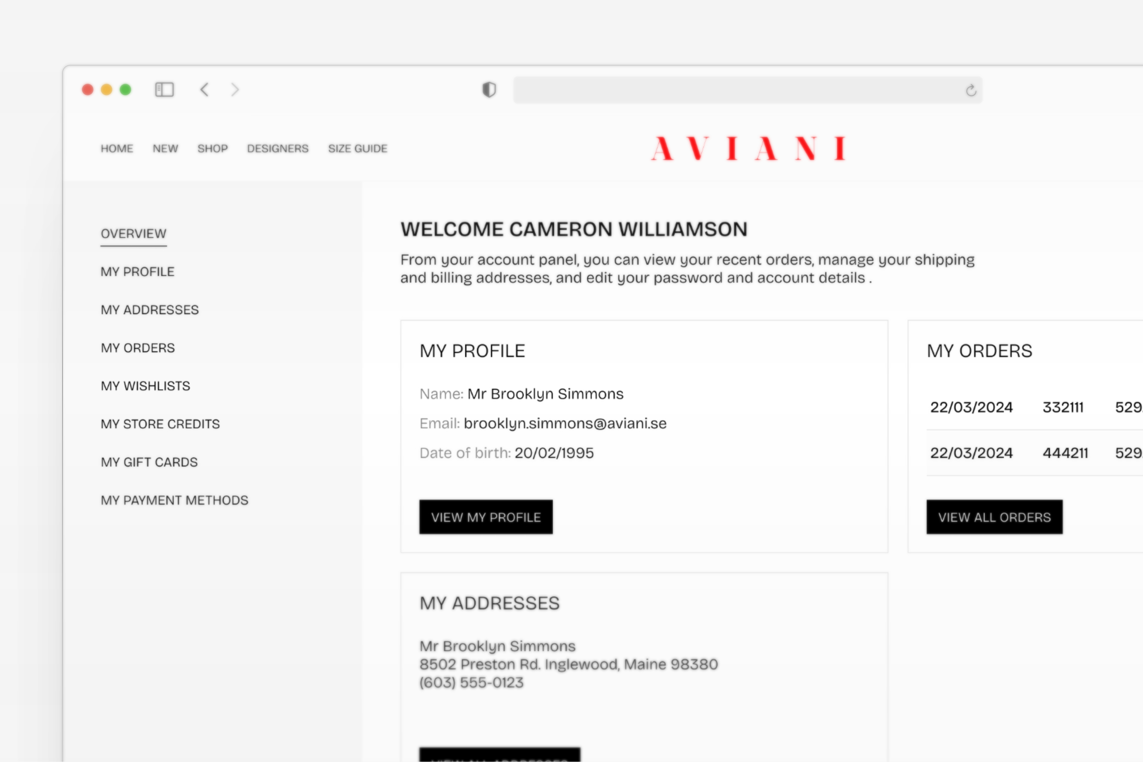 Prezentacija dizajna stranice korisnika webshop-a za Aviani