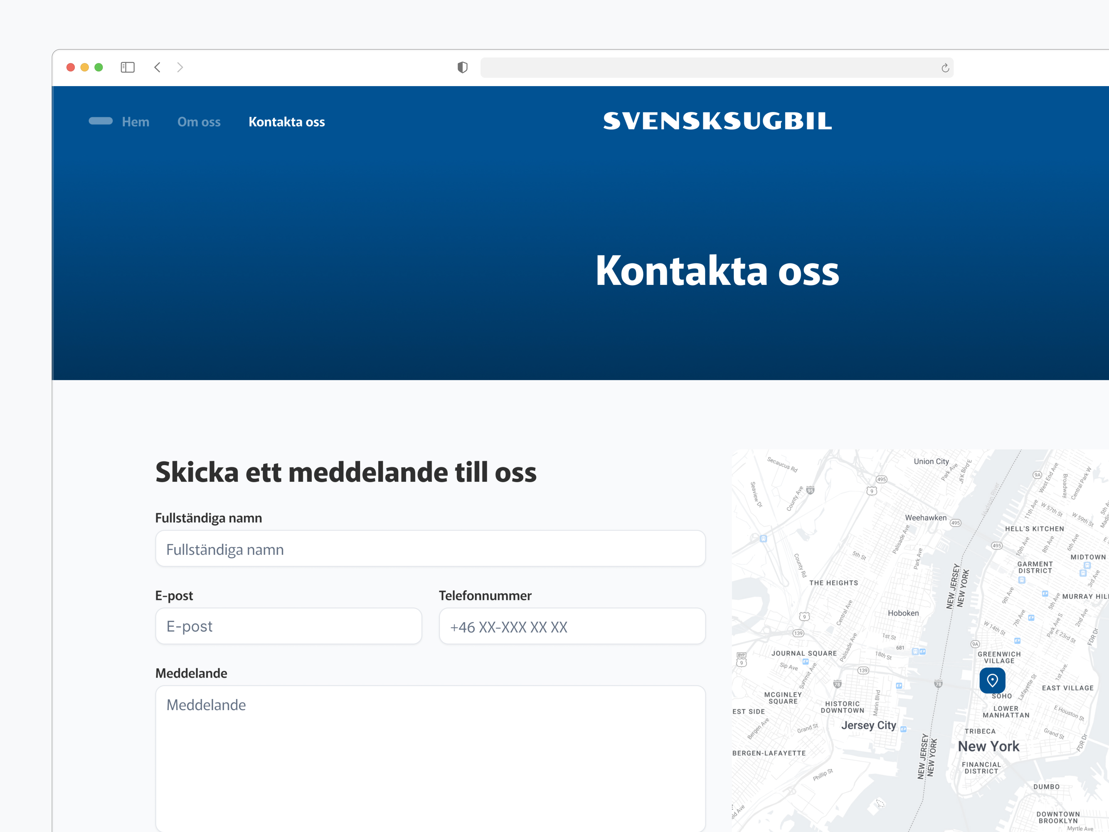 Prezentacija dizajna kontakt stranice web stranice za Svensksugbil
